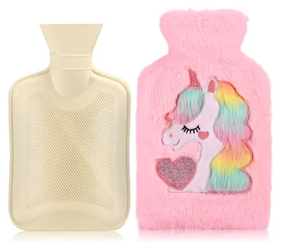 Produktbild von Wärmflasche mit abnehmbarem und waschbarem Bezug aus weichem Einhorn-Plüsch, 1 l, für Hals, Taille, Rücken, Beine und Schulter (rosa)