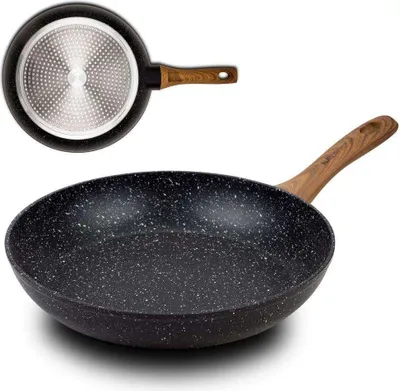 A frying pan is shown from two angles, one showing the bottom and the other showing the side and handle.