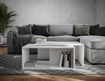 Produktbild von PLATAN ROOM Couchtisch Kaffeetisch weiß 2er Set 90x48x40 cm, moderner Wohnzimmertisch, Sofatisch mit Stauraum, Satztisch