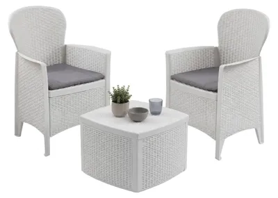 Produktbild von Outdoor-Lounge-Set Dkon, Gartengarnitur mit 2 Sesseln und 1 Containertisch, Sitzecke in Rattan-Optik, 100 %  Italy, Weiß