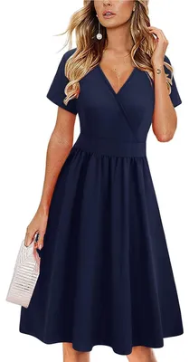 Imagen del producto de Vestido de verano con corte envolvente, cuello en V, mangas cortas y bolsillos, color azul marino, talla XXL