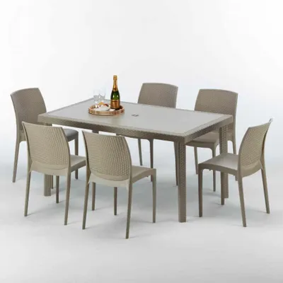 Immagine prodotto di Tavolo rettangolare in polyrattan con 6 sedie colorate 150x90 Beige Marion
