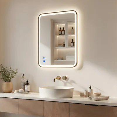 Obrázok produktu pre Kúpeľňové zrkadlo ARTFORMA LED, obdĺžnikové, 80 x 60 cm, zlaté, s dotykovým ovládaním a ochranou proti zahmlievaniu