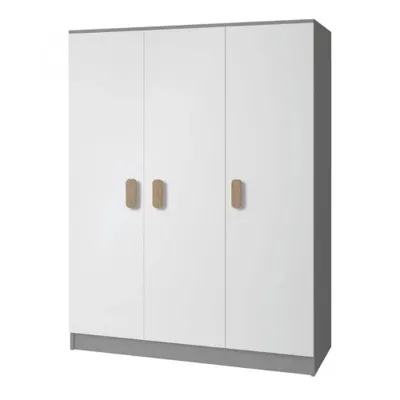 A three-door wardrobe with wooden handles against a white background.