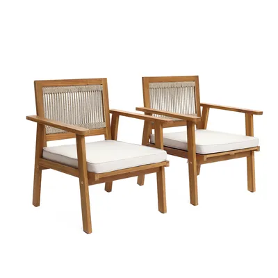 Produktbild von 64x75cm Gartenstuhl 2er Set Holz Outdoor Sessel mit Geflochtener Seilrückenlehne und Kissen Verfahren für Balkon, Garten, Terrasse