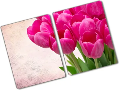 Produktbild von Tulup Glas Herdabdeckplatte - 2x40x52 cm - Glaskeramikkochfeld-Abdeckung Spritzschutz Glasabdeckplatte Kochplattenabdeckung und Schneidebrett - Zweiteilig - Blumen & Pflanzen - Rosa Tulpen - Lila