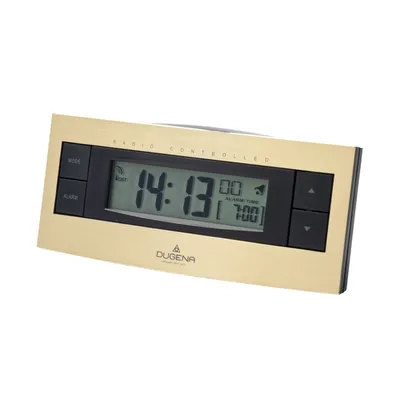 Obrázok produktu pre Digitálny rádiovo riadený budík DUGENA 4460460, rádiový signál pre SEČ/ SEČ, tichý, nastavenie času budenia pomocou funkčných tlačidiel, opakovanie budenia, osvetlenie displeja, rozmery 127 x 57 x 42 mm