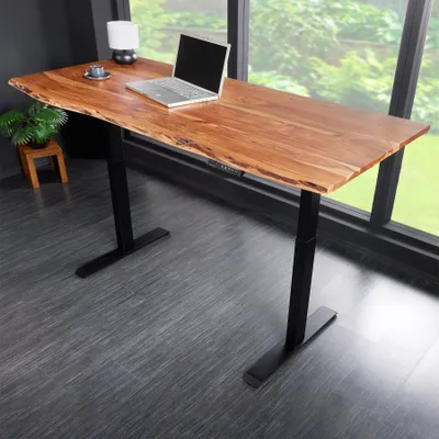 A standing desk with a laptop and a plant in a modern office setting with a large window.