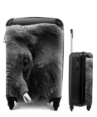 Produktbild von MuchoWow® Koffer Handgepäck Trolley Rollkoffer Kleine Reisekoffer mit 4 Rollen - Tiere - Elefant - Wild - Schwarz - Weiß - Cabin Size < 55x40x23 cm & 55x40x20 cm - Fotokoffer - Kabinenkoffer - Boardgepäck - Reise-Box - Reisekoffer - Reisegepäck - Koffer mit Bild - Trolley für Kinder