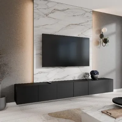 Obrázek produktu pro Margaret Hadas24 TV skříňka Leo TV skříňka TV lowboard 300 cm závěsná moderní design obývací pokoj montáž na zeď, TV nábytek černý, černá