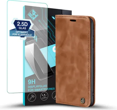 Produktbild von Handy Hülle für Samsung Galaxy S25 Edge mit 9H Displayglas Klapphülle Bookcase Flip Cover Handy Tasche Etui Farbe: Hellbraun