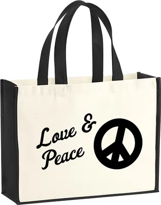 Produktbild von Huuraa Jutetasche Love & Peace 21 Liter Black Jute und Baumwolle Einkaufstasche Geschenkidee