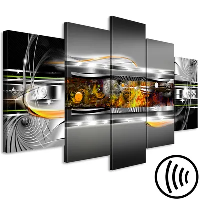 Image de Tableau acoustique Abstrait 200 x 100 cm Tableaux Mousse acoustique Absorbeur acoustique haute performance Isolation acoustique Toile 5 pièces Tableau mural Acoustique intérieure Isolation acoustique Effet 3D Argent Jaune Noir a-A-0692-b-p