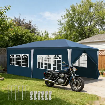 Image de Tente de jardin Peviasot, 3x6 mètres, imperméable, avec parois latérales et fenêtres, idéale pour les fêtes en jardin, les barbecues et les mariages, de couleur bleue