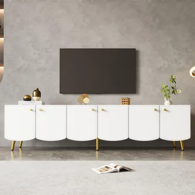Productafbeelding van Flieks Moderne TV-kast met gouden poten en handgrepen, dressoir met 6 deuren, TV-meubel voor woonkamer en slaapkamer, wit