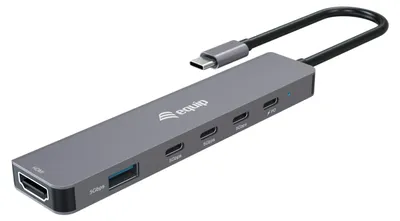 Produktbild von Equip USB-C 6-in-1-Multifunktionsadapter, HDMI 4K/30Hz, USB-C x 4, USB-A x 1, 5 Gbit/s, 100 W USB PD