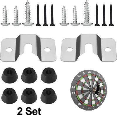 Produktbild von Dartboard-Halterung – zum Aufhängen von Dartboards – inklusive Schrauben und Stabilisatoren. Dartboard-Aufhängeset, Dartboard-Halterung, Wandmontagehalterung, Haken zum Aufhängen, Schraubenhakenset, Zubehör-Kits