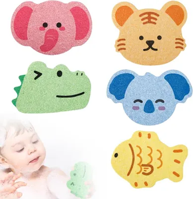 Produktbild von Badeschwämme für Babys, 5 Stück, mit Tiermotiven, weich, für die Badewanne