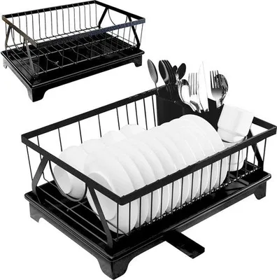 Productafbeelding van Unyqoos® Afdruiprek zwart met bestekhouder, afneembaar afdruipbakje, draaibaar en uitschuifbaar afvoerkanaal, kunststof bakje en ijzeren frame, 40 x 24,5 x 17,5 cm