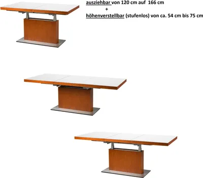 Produktbild von Design Couchtisch Tisch MN-3 Kirschbaum Kirsche Weißglas höhenverstellbar & ausziehbar Esstisch