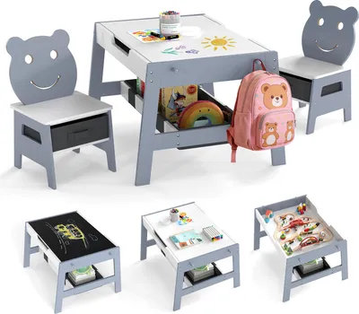 Produktbild von COSTWAY Kindertisch mit 2 Stühlen, Maltisch 5 in 1 mit Tafel, Whiteboard, 4 Haken & Stoffbehältern, Kindersitzgruppe für Kinder ab 3+, Grau