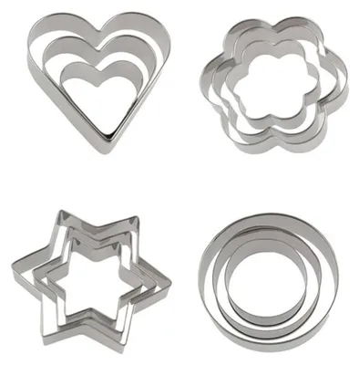 Produktbild von 12 herzförmige Ausstechformen, Ausstechformen aus Metall, Ausstechformen aus Edelstahl, Ausstechformen für Gebäck, Fondant, Kekse, Schokolade, Herz, Stern, Blume, Ei, rund