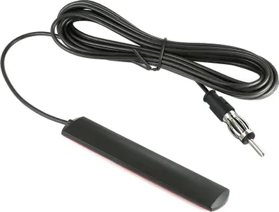 A black car antenna with a cable and connector on a white background.