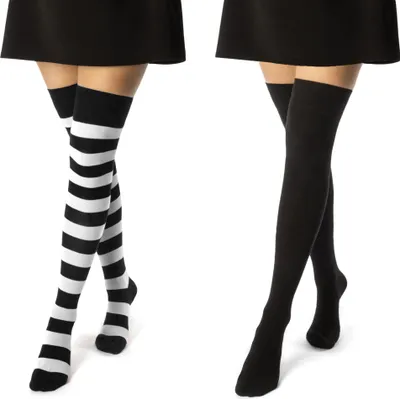 Produktbild von 2 Paar Overknee Strümpfe Damen Kniestrümpfe Baumwolle Ringel & Uni 10723 - Schwarz - Weiß/Schwarz 35-38
