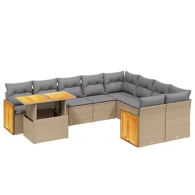 Produktbild von Modulares Garten-Loungeset, 10-teilig, mit verstellbarem Tisch, Poly Rattan Beige, UV-beständig, abnehmbare Kissenbezüge Hellgrau