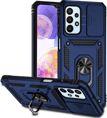Image de Étui pour Samsung Galaxy A23 4G étui double couche avec couvercle coulissant pour appareil photo et anneau de support bleu