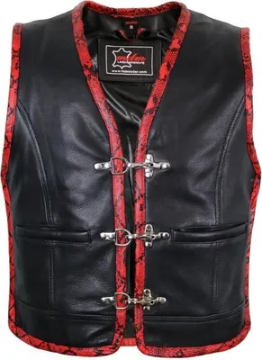 Produktbild von Herren Lederweste mit roten Extras Kutte Lederkutte Bikerweste Clubweste Chopper(2XL)