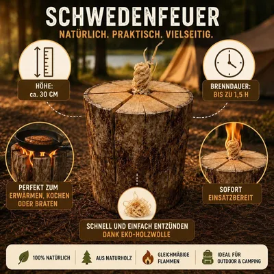 Produktbild von QLS Schwedenfeuer 30 cm mit Eko Feueranzünder Baumfackel für Outdoor & Camping 11485