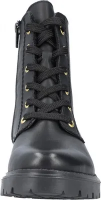 A close-up, front-facing view of a black lace-up boot.