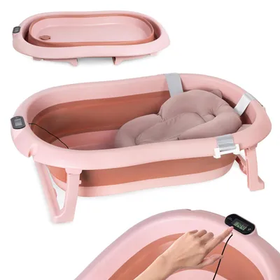 Immagine prodotto di Vasca da bagno pieghevole per neonati moovkee, 80 cm, rosa scuro, con termometro e cuscino da bagno – Vasca da bagno sicura per neonati