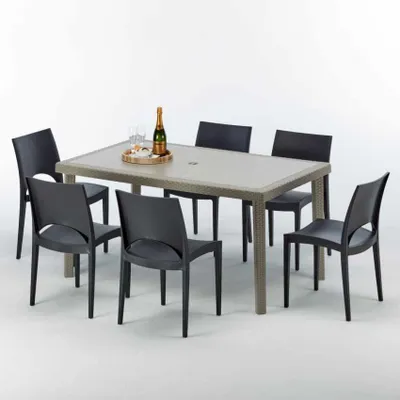 Produktbild von Polyrattan Tisch Rechteckig mit 6 Bunten Stühlen 150x90 Beige Marion