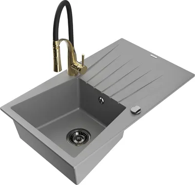 Produktbild von Mexen Cesar 1 Becken-Granitspüle mit Abtropffläche und Mischbatterie Aster, Grau - 6514-71-73450-57-B