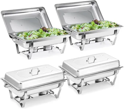 Obrázek produktu pro Sada ohřívacích nádob – ohřívací nádoby na bufet – zařízení pro catering – stohovatelný design – 4 nádoby o objemu 9 litrů – stříbrná barva