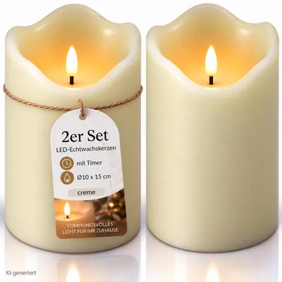 Produktbild von 2x LED Echtwachskerze 10x15 cm mit Timer Kerze batteriebetrieben 3D Flackereffekt Echtwachs Adventskranz Kerzen LED Adventskerzen, KI-generiertes Bild