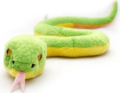 A close-up, studio shot of a plush snake toy against a white background.