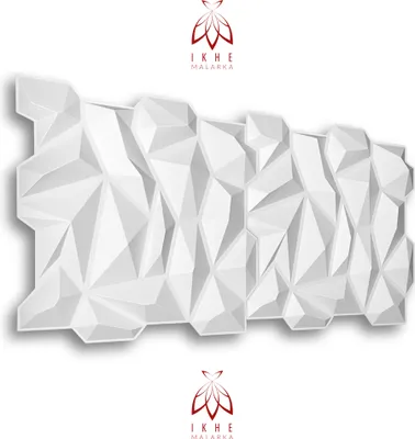 A white, geometric 3D wall panel with a shadow underneath, set against a white background. A logo and text are present at the top and bottom.
