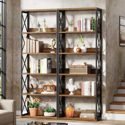 Image de Tribesigns Bibliothèque de style industriel, 178 cm de haut, 6 étages d'étagères ouvertes, style vintage, idéal pour la maison, le bureau, marron et noir