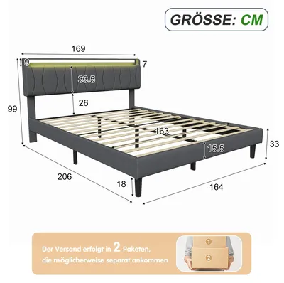 Obrázok produktu pre Rám postele - Čalúnená posteľ - 160 x 200 cm - Poťah z ľanu - Čalúnená opierka - Rošt - Úložný priestor - Šedá farba