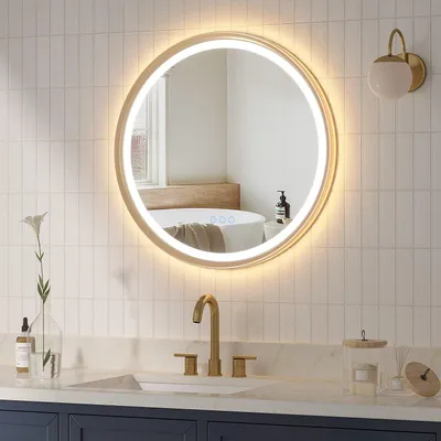 Produktbild von LED Badspiegel rund 60 cm Badezimmerspiegel mit Beleuchtung, mit Touchschalter, beschlagfrei, Kaltweiß & Warmweiß, Wandspiegel mit goldenem Rahmen