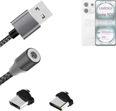 Produktbild von K-S-Trade Hochwertiges Magnet-Lade-kabel Sync-Kabel Daten-Kabel kompatibel mit UMIDIGI Note 100 mit USB-Typ-C-Anschluss und Micro-USB-Anschluss 2A bis