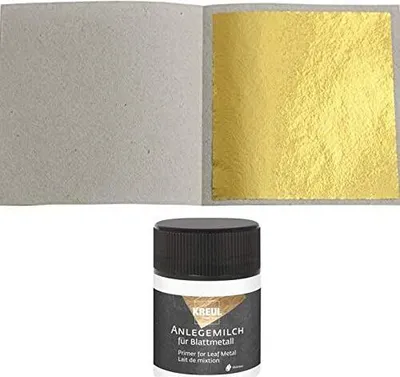 Produktbild von 100 Blatt Blattgold Imitation Blattmetall Schlagmetall Set zum Vergolden & Basteln Kunst Handwerk Vergoldung Dekoration + 1 x Kreul Anlegemilch Kleber 50ml