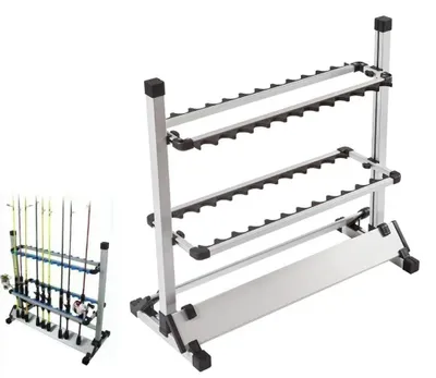 Image de Support pour cannes à pêche - Porte-cannes autoportant - Capacité : 24 cannes - Alliage d'aluminium - Adapté pour une utilisation intérieure et extérieure - Dimensions : 71,5 x 31 x 70 cm
