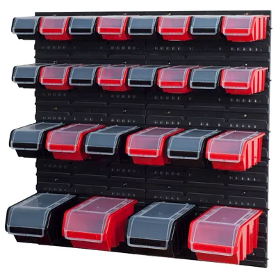 Produktbild von Stapelboxen Set 4 x Wandregal  Lagersystem + 26 Boxen  schwarz und rot