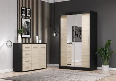 Produktbild von 2er-Set Schwebetürenschrank Schrank Kleiderschrank mit Spiegel Schwarz/Sonoma 120cm NEOMI 01 mit Kommode 135cm FRIDA 01