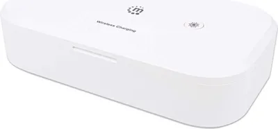 Produktbild von Manhattan UV-Desinfektionsbox mit kabellosem Induktionsladegerät für Smartphones, Sterilisator mit UV-Licht und 10 W Wireless Charger, für Handys, Masken, Kreditkarten und mehr, weiß, Weiß, 410 nm, UV-C, Kunststoff, CE FCC, USB