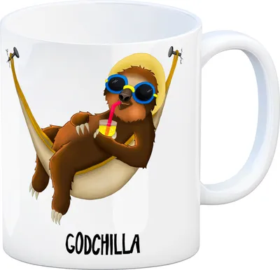 Produktbild von Kaffeebecher mit Faultier in Hängematte Motiv und Spruch: Godchilla Becher